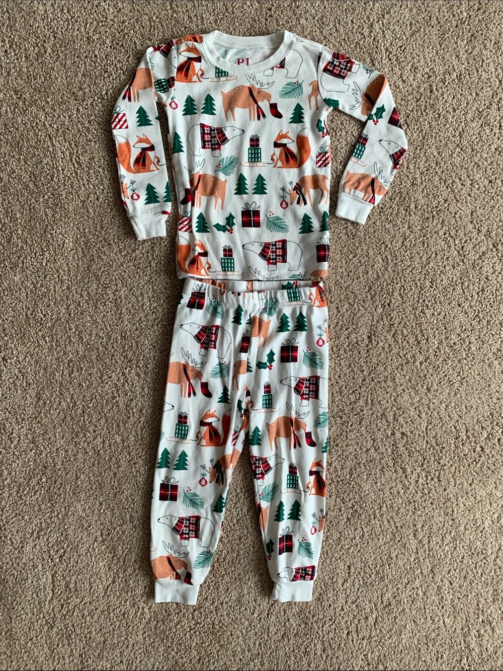 Kids White Fox & Tree Print Holiday Pajama Set